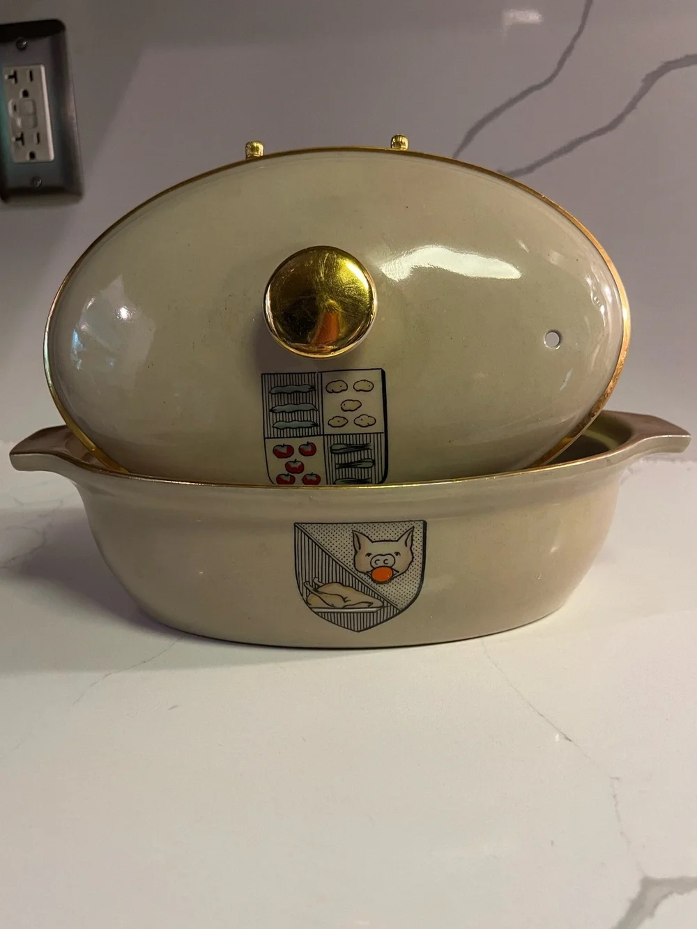 Cream Ceramic Covered Casserole Dish with Gold Trim